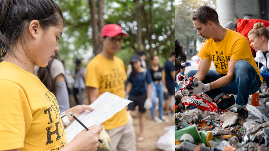 Two images. One shows a girl with a piece of paper filling in information and one shows a man crouching down and collecting cans. There are also plastic bottles in the picture