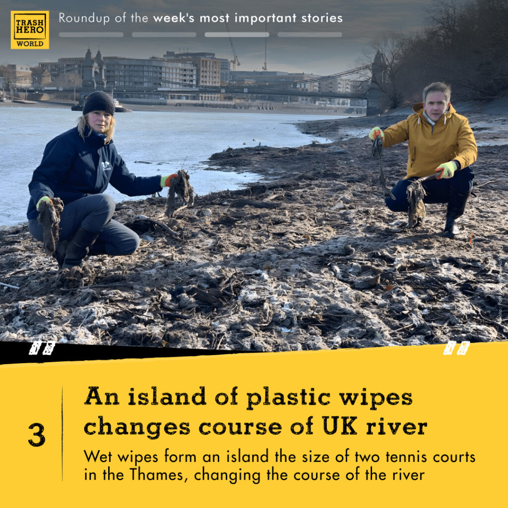Two peopel crouching on a dirty island on wet wipes in the Thames 
An island of plastic wipes changes course of UK river
Wet wipes form an island the size of two tennis courts in the Thames, changing the course of the river.
