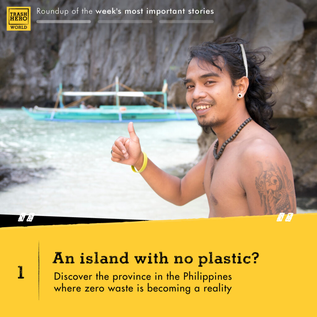 A Philipinno man giving a thumbs up and smiling at the camera. Text reads 'An island with no plastic? Discover the province in the Philippines where zero waste is becoming a reality' there is blue water and sand in the background
