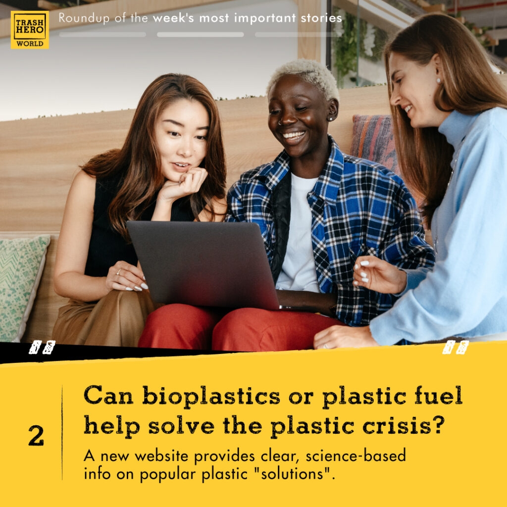 Three people sitting and looking at a laptop and smiling. The text reads 'Can bioplastics or plastic fuel help solve the plastic crisis? A new website provides clear science-based info on popular plastic 'solutions'