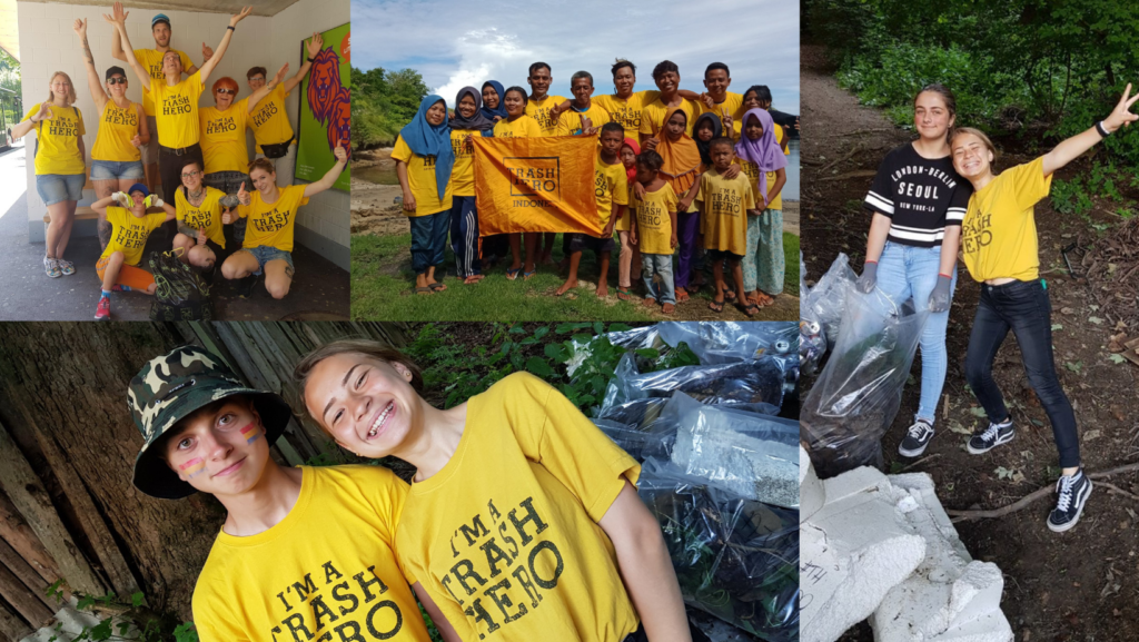 four photos with groups of people smiling and looking at the camera, they are all wearing trash hero t-shirts. A mix of adults and children, some are collecting plastic