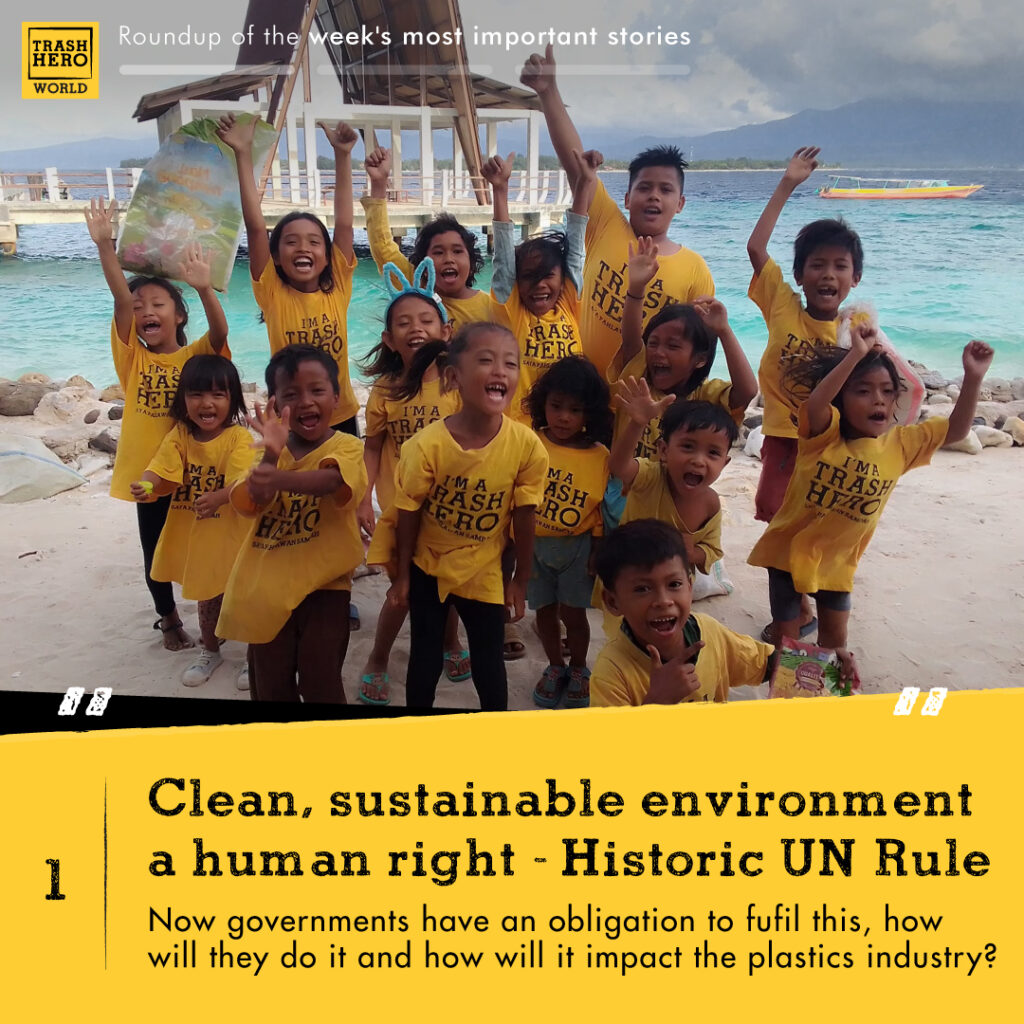 group of kids celebrating and smiling with the test 'clean, sustainable environment a hum right - History UN rule. Now governments have an obligation to fulfil them, how will they do it and how will it impact the plastics industry?'