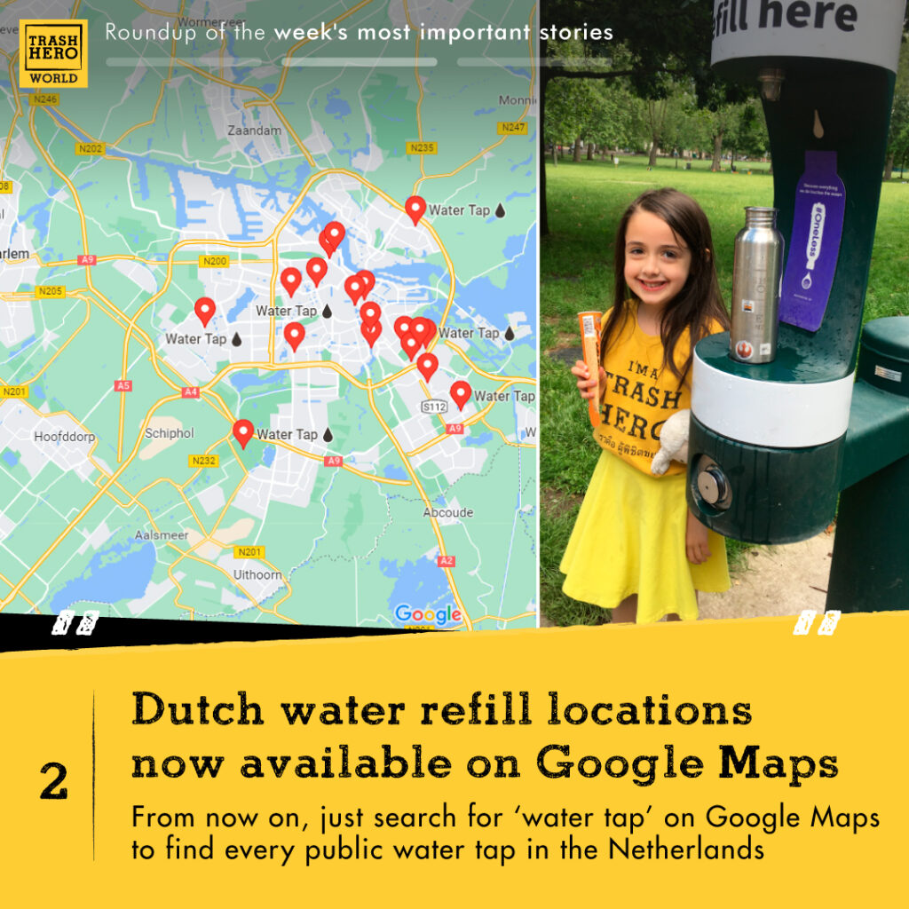 Girl standing next to a refill station on one side and a map on the other. Text reading 'Dutch water refill locations now available on Google Maps. From now on, just search for 'water tap' on Google Maps to fund every public water tap in the Netherlands'