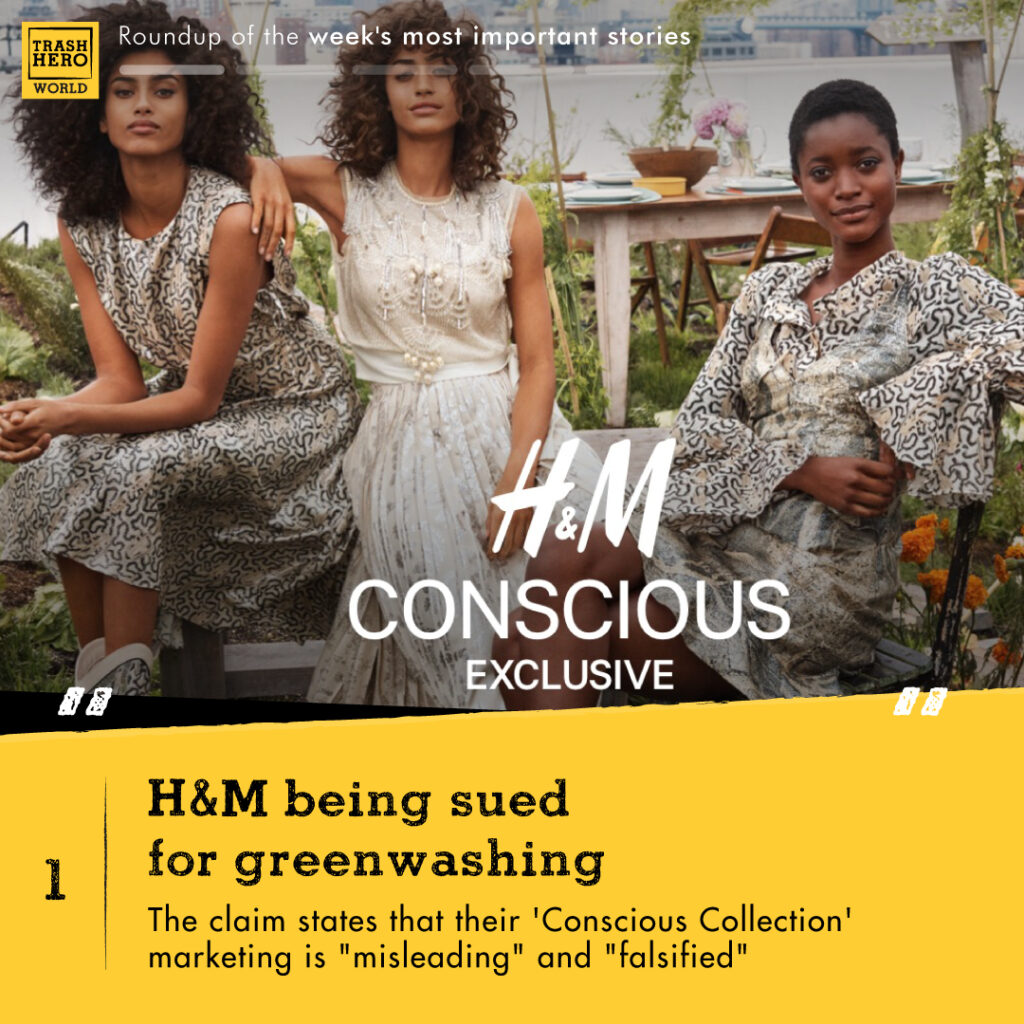 Image of three women looking at the camera with text 'H&M conscious exclusive' underneath it saying 'H&M being sued for greenwashing. The claim statesthat their 'Conscious Collection' marketing is 'misleading' and 'falsified'