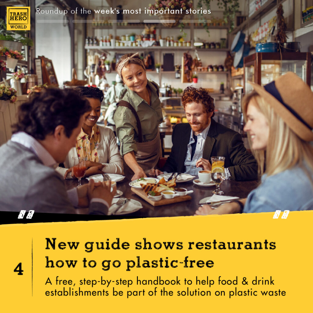 A group are sitting in a restaurant as a waitress delivers them food. The text reads 'New guide shows restaurants how to go plastic free. A free, step-by-step handbook to help food & drink establishments be part of the solution on plastic waste. 