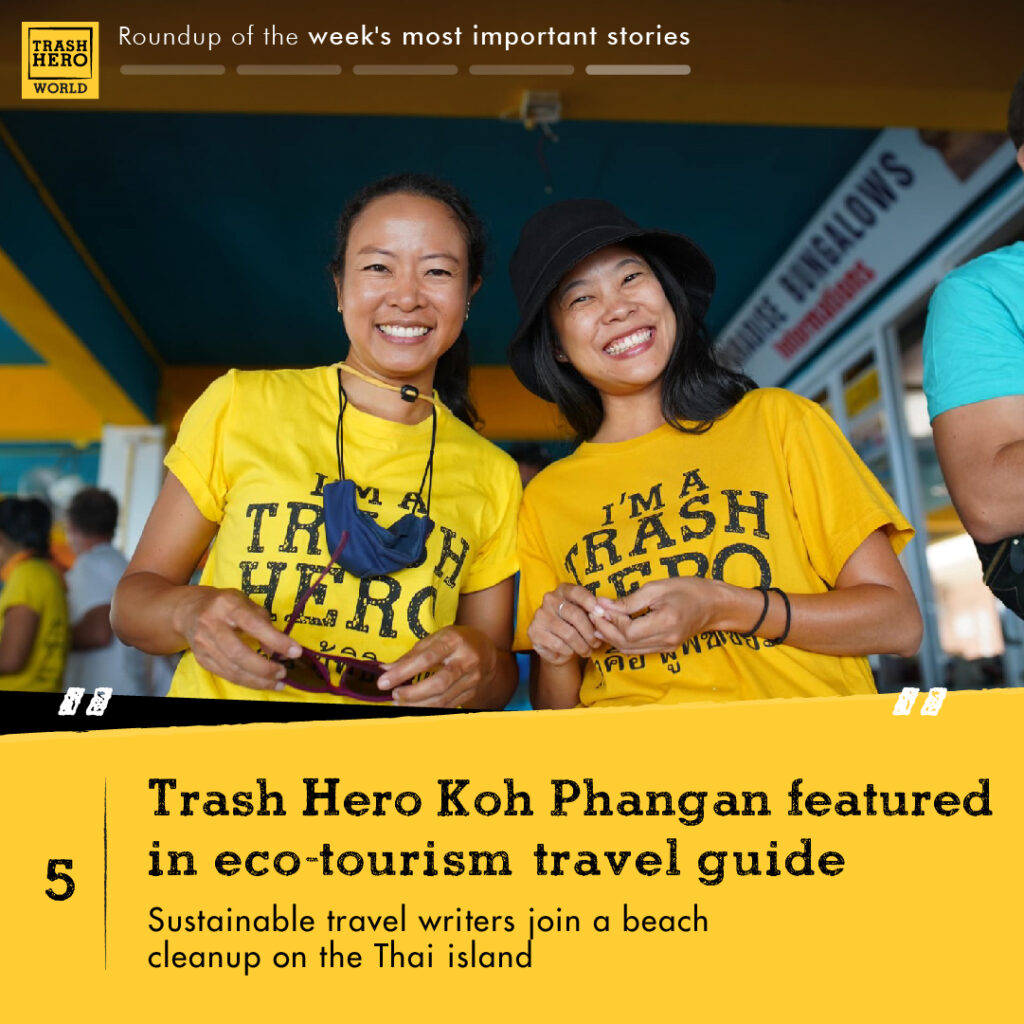 Photo with two thai girls smiling at the camera. The text reads 'Trash Hero Koh Phangan featured in eco-tourim travel guide. Sustainable travel witers join a beach cleanup on the Thai island'