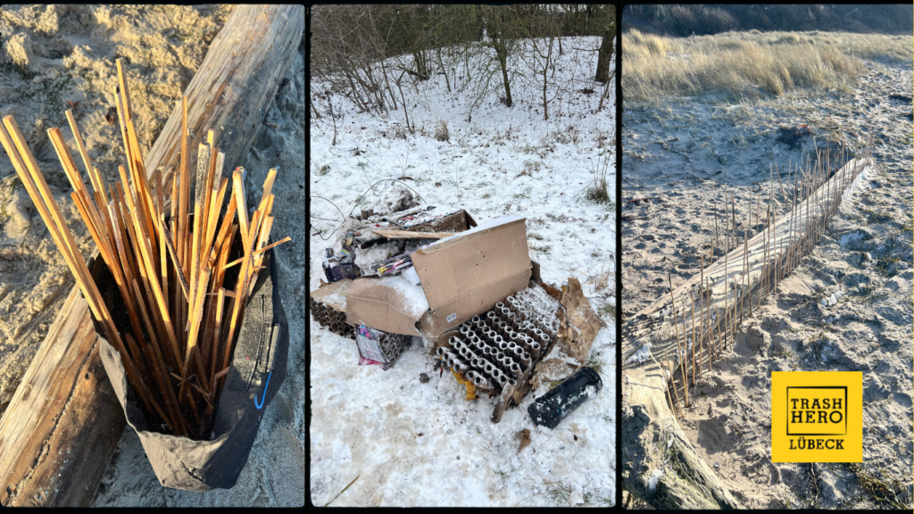 Bilder von am Strand gesammeltem Silvesterabfall vom Trash Hero chapter Lübeck